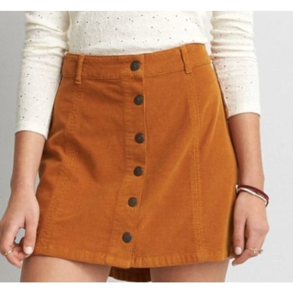 American Eagle A-Line Mini Skirt Mustard/Rust Corduroy Button Y2K Size 00
